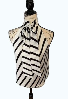 LOFT NWT Striped Halter Neck Blouse XS Black White Braided Armhole Tie Bow